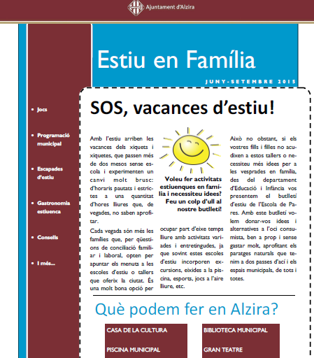 Imagen de El Ayuntamiento de Alzira (Valencia) lanza el boletín informativo ‘Estiu en familia’